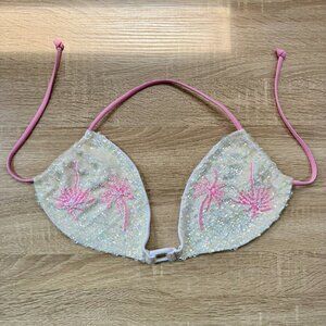 New Oceanus Beaded Sequin Bikini Swim Top White Pink Medium